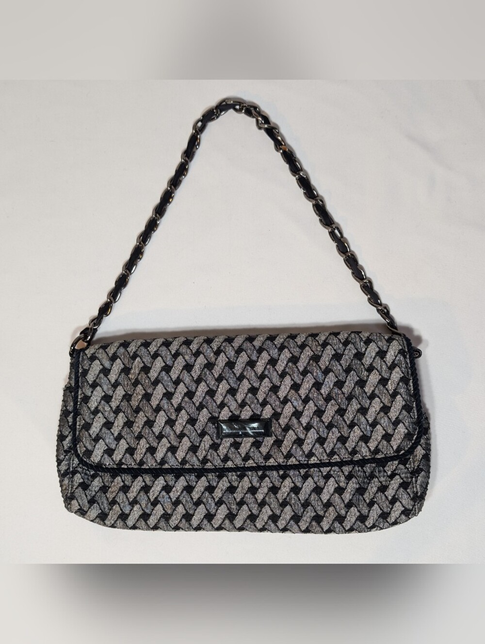 Talbots Formal Black Gray Knit Metal Strap Shoulder Bag Purse Handbag Dressy